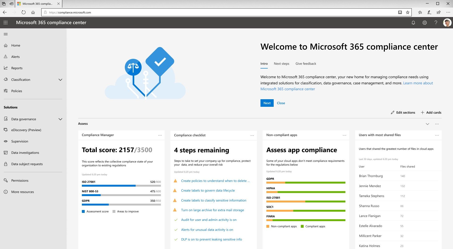 Screenshot of Microsoft 365 compliance center homepage 
