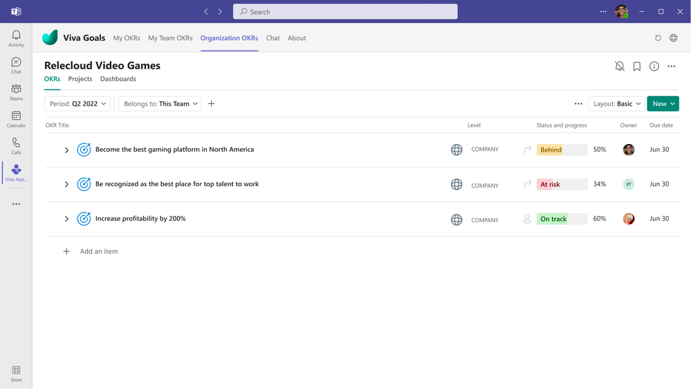 Microsoft Viva Goals and Microsoft Teams