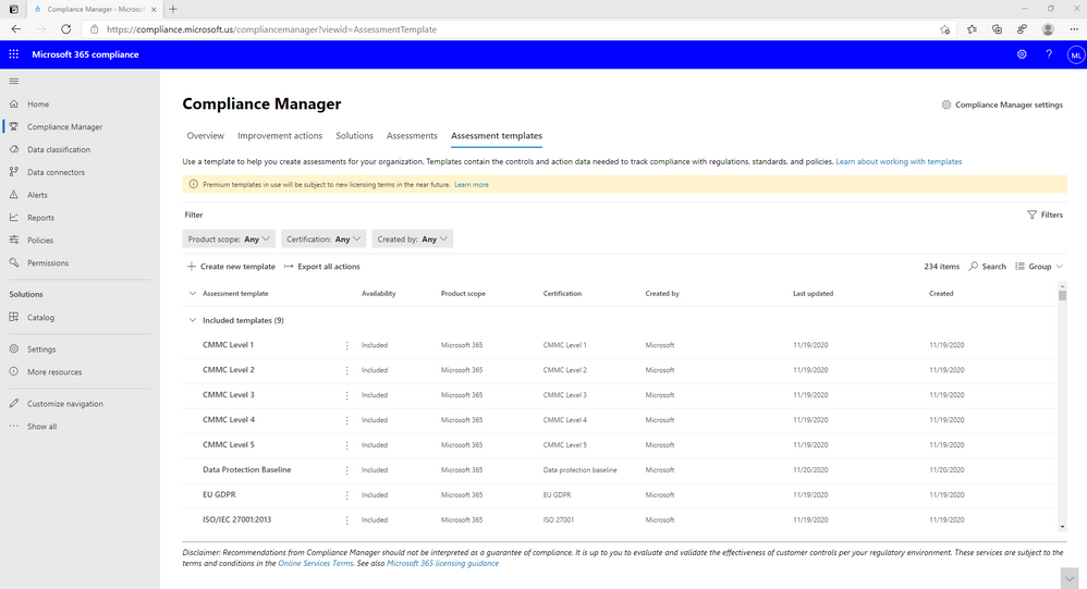 Screenshot of assessment templates list in Microsoft Compliance Manager
