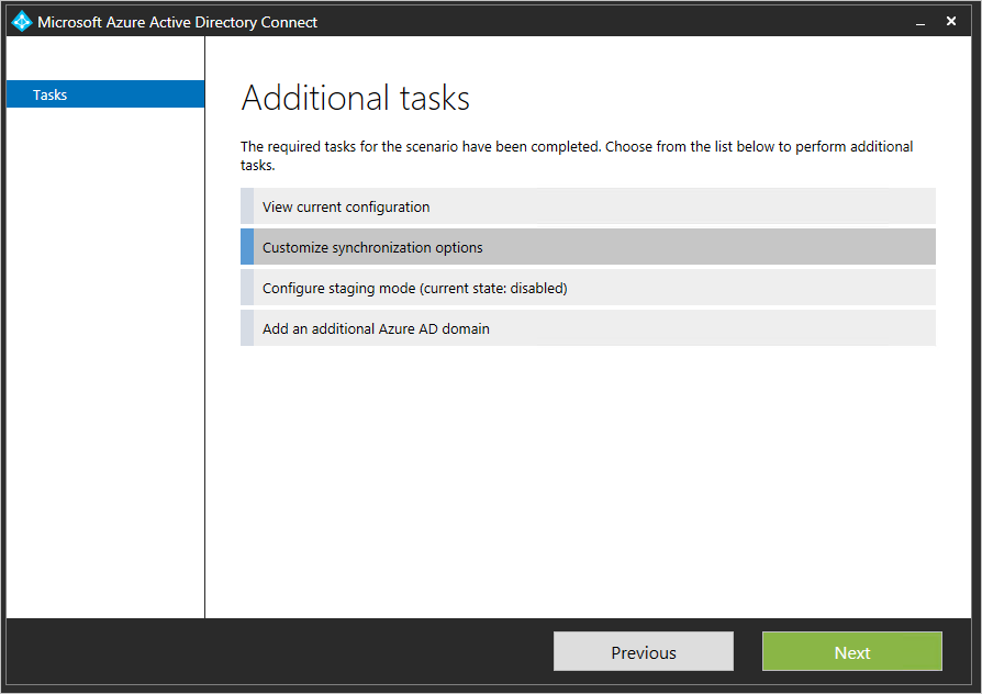 An image of the additional tasks available in Azure Active Directory Connect, with the option to customise synchronisation options highlighted. 