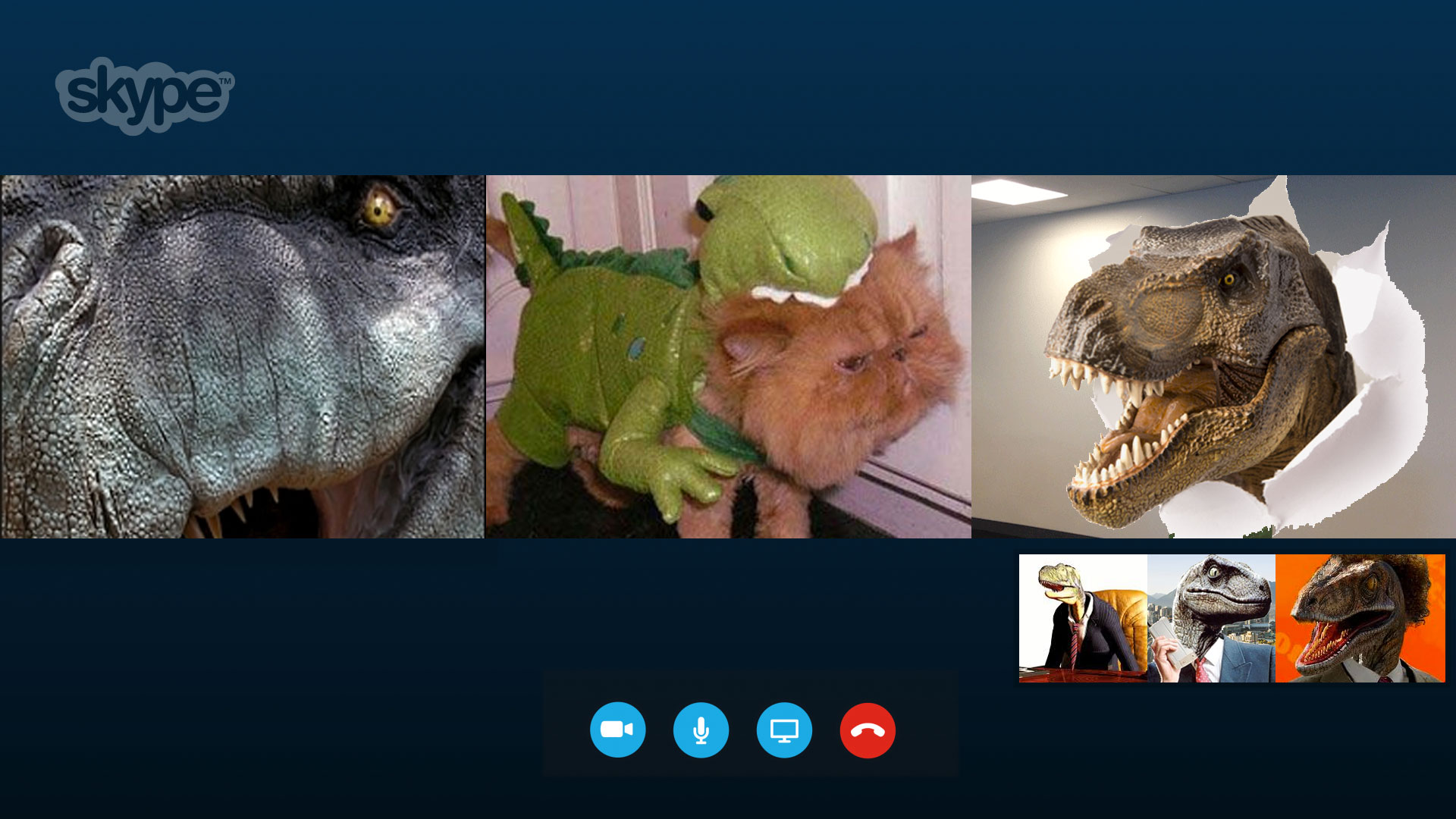 Dinosaurs partaking in a skype group video call.