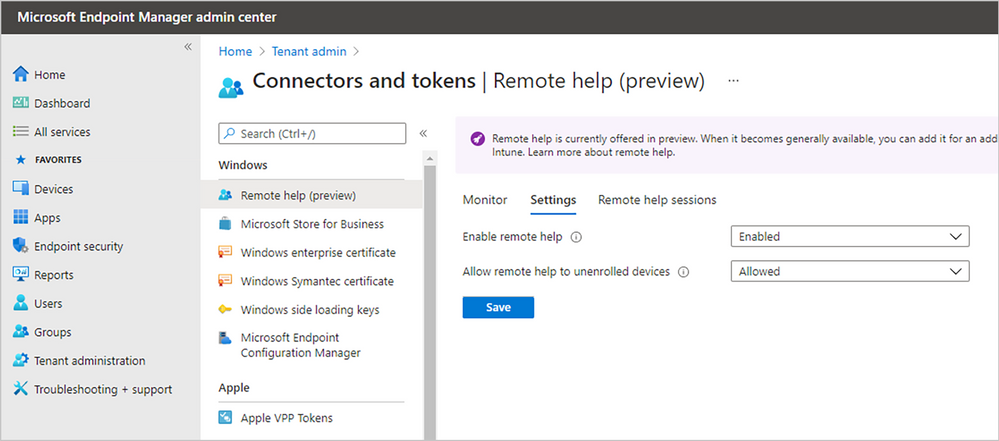 Enable remote assistance in the Microsoft Endpoint Manager console